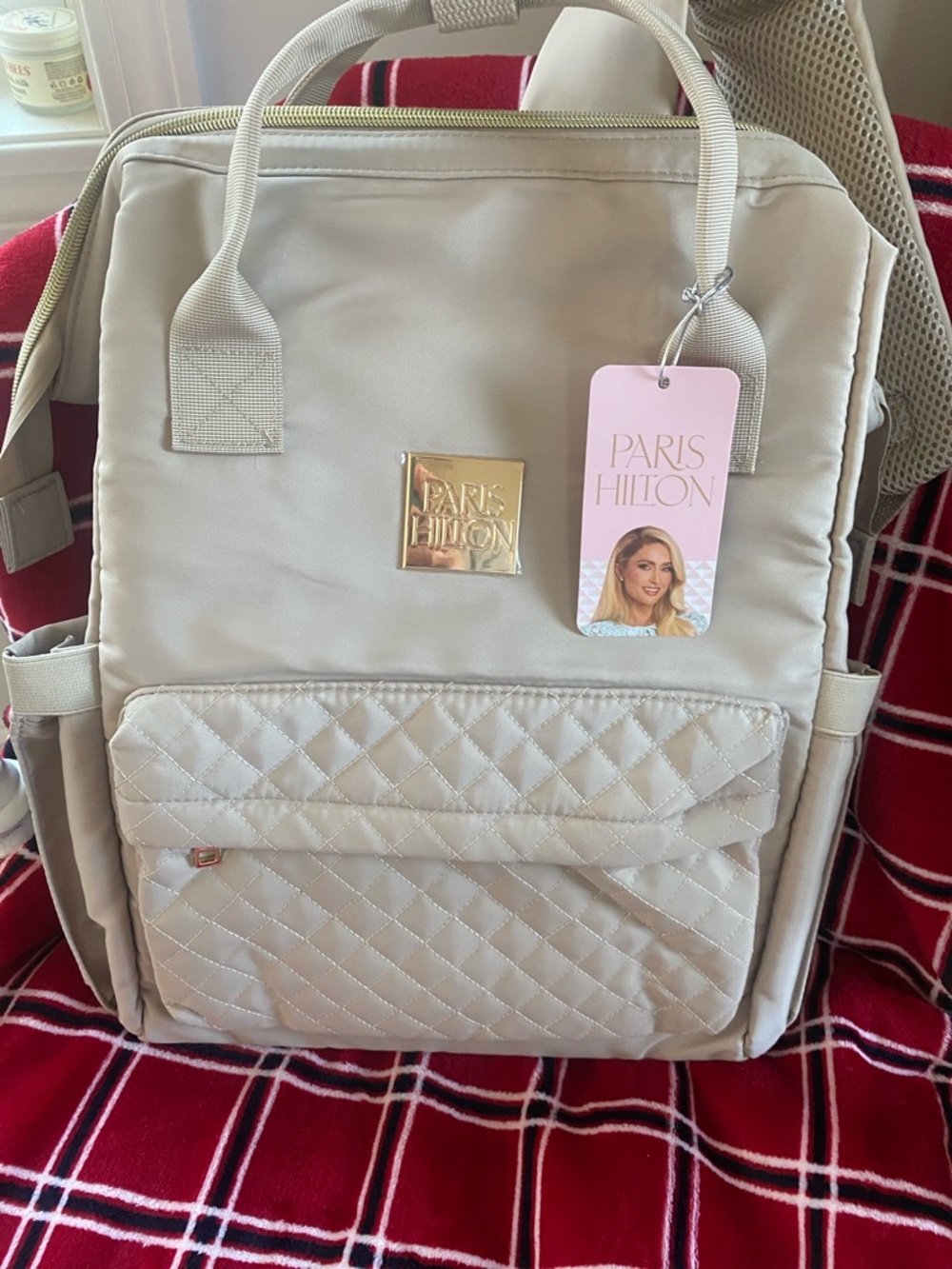Paris Hilton Cream Quilted Backpack Tote with Gold Logo